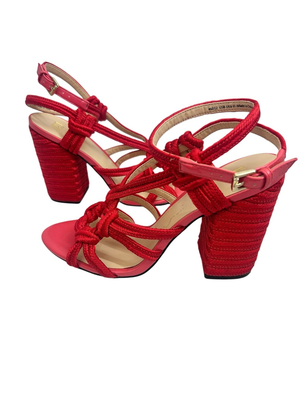 Cabi Tiptoe Rope Sandals Size 8 Hibiscus Red Ankle Strappy Block Heel - Picture 3 of 8
